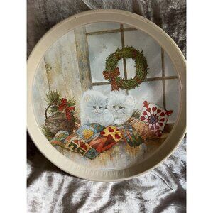 Vintage 1991 Giordano Round Metal Christmas Serving Tray Cats adorable